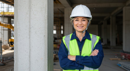 Smiling mature woman in a hard hat and safety vest standing with crossed arms at a construction site, embodying professionalism and expertise in the building industry.の素材