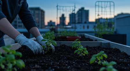Hands in white gloves carefully plant a small green seedling into rich soil within a raised garden bed on a city rooftop at dusk, with urban buildings in the background.の素材