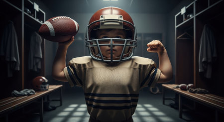 Young boy in a football helmet and jersey holding a football and flexing his arm in a locker room, embodying strength and aspiration for the sport.の素材