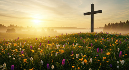A wooden cross stands on a vibrant wildflower hill at sunrise, with golden light illuminating the misty landscape and distant forest, symbolizing hope and spiritual renewal.の素材