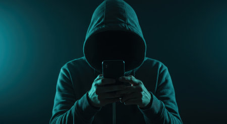 A person in a dark hoodie with an obscured face holds a smartphone, depicting themes of anonymity, cybercrime, hacking, and digital security.の素材