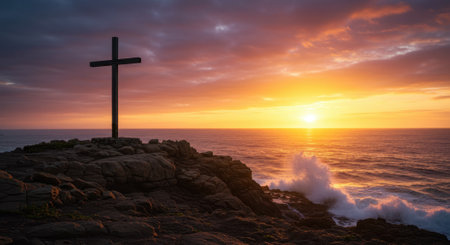 A silhouette of a Christian cross stands atop a rugged rocky cliff overlooking a vast ocean at a dramatic sunset, with vibrant orange and purple clouds and crashing waves. Symbolizes faith and hope.の素材