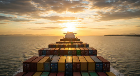 A large container ship sails across the ocean at sunset, loaded with colorful cargo containers. The golden light illuminates the vessel and the vast sea, symbolizing global trade and logistics.の素材