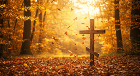 A wooden Orthodox cross stands amidst a vibrant autumn forest, surrounded by a carpet of fallen golden and orange leaves. Sunlight streams through the trees, illuminating the scene with a warm glow as more leaves gently fall.の素材