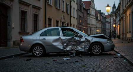 A silver sedan car with severe damage from a collision, parked on a cobblestone street in an old European town at dusk. The vehicle shows crumpled metal on the side and front, with debris scattered around.の素材