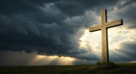 A weathered wooden cross stands on a grassy hill under a dramatic sky with dark, stormy clouds and bright sun rays breaking through, symbolizing hope and faith.の素材