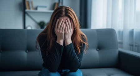 Young woman with red hair sits on a gray couch, covering her face with hands, conveying sadness, despair, and mental distress in an indoor setting.の素材