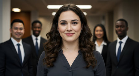 A confident young businesswoman smiles at the camera, leading a diverse team of smiling professionals in an office setting, symbolizing teamwork and success.の素材