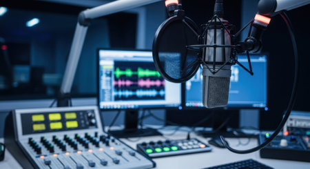 Professional radio studio setup with a condenser microphone, sound mixer, and computer monitors displaying audio waveforms, ready for broadcast or podcast recording.の素材
