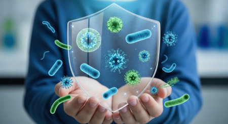 Hands hold a transparent shield protecting against various viruses and bacteria, symbolizing immunity, health defense, and disease prevention. Microscopic organisms float around the protective barrier.の素材