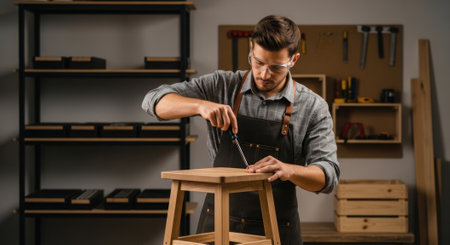 A focused man in safety glasses and an apron uses a screwdriver to assemble a wooden stool in a well equipped workshop, showcasing craftsmanship and DIY skills.の素材