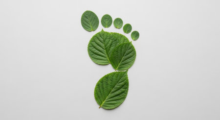 Footprint shape formed by fresh green leaves on a clean white background, symbolizing eco friendly living, environmental protection, and sustainable practices.の素材