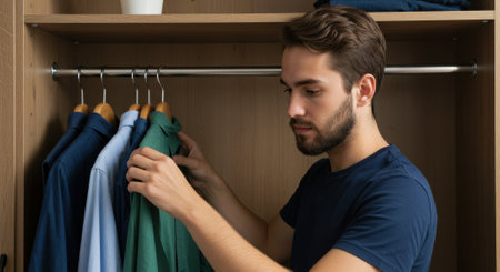Young man with a beard selecting a green shirt from his organized wardrobe, featuring a neat closet with various colored shirts on hangers.の素材