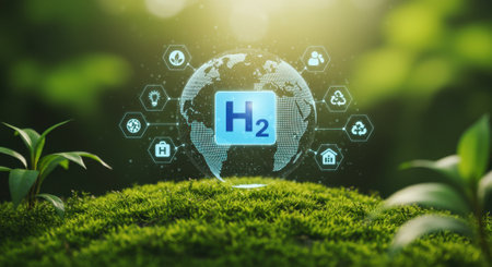 Digital globe with H2 hydrogen symbol and environmental icons like recycling, leaf, and light bulb, emerging from lush green moss with young plants, symbolizing sustainable energy and eco friendly technology.の素材