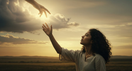 A young woman reaches up towards a hand extending from a bright, cloudy sky, bathed in golden light, symbolizing hope and divine connection.の素材