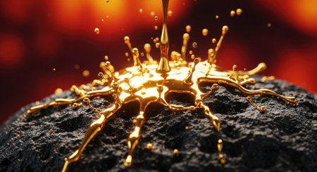 Molten gold splashes onto a dark, textured rock surface, creating a dynamic liquid crown with numerous drops. The golden liquid flows and spreads, highlighting the rough texture of the stone against a warm, glowing background.の素材