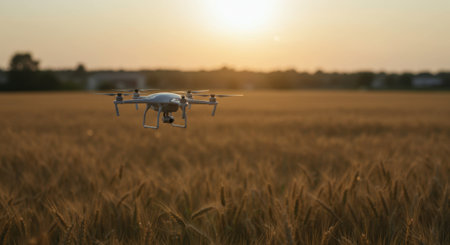 White drone flying over a golden wheat field at sunset, showcasing modern agricultural technology and aerial surveillance for farming.の素材