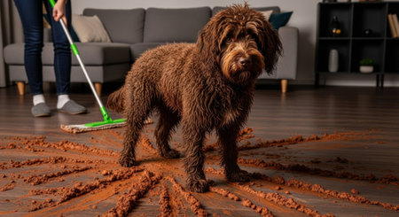 A mischievous brown dog stands on a wooden floor covered in tracked dirt or mud, while a person in the background prepares to clean the messy living room with a mop.の素材