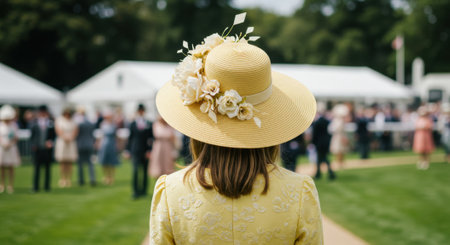Rear view of a woman wearing an elegant yellow wide brimmed hat adorned with flowers and a matching yellow dress, attending a sophisticated outdoor social event with blurred guests and white tents in the background.の素材