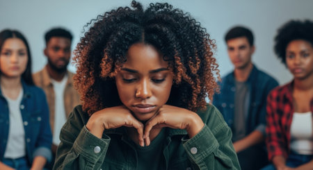 A young African American woman with curly hair sits with her chin resting on her hands, looking downcast and sad. Blurred diverse people are in the background, suggesting a group setting.の素材