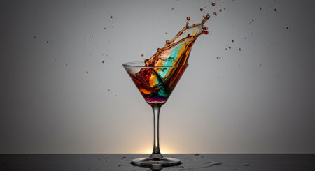Vibrant multicolored liquid splashing dynamically from a classic martini glass, creating a captivating burst of color and motion with droplets suspended in the air. A refreshing and energetic cocktail concept.の素材