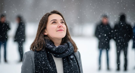 A young woman with dark hair, wearing a black scarf and grey coat, looks upwards with a gentle smile as snowflakes fall around her in a snowy outdoor environment. Blurred figures of other people are visible in the background, suggesting a public winter setting.の素材