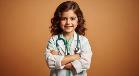 A smiling young girl with curly brown hair wears a white doctor coat and a stethoscope, standing with her arms crossed, embodying a future healthcare professional.の素材