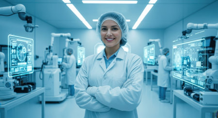 Smiling female scientist in a modern high tech laboratory, wearing a lab coat and hairnet, with robotic arms and holographic screens displaying data in the background, symbolizing innovation and automation.の素材