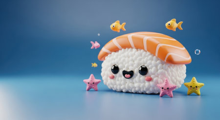 A charming cartoon sushi nigiri with a salmon topping and a happy face, surrounded by playful yellow fish and colorful starfish, set against a vibrant blue background.の素材