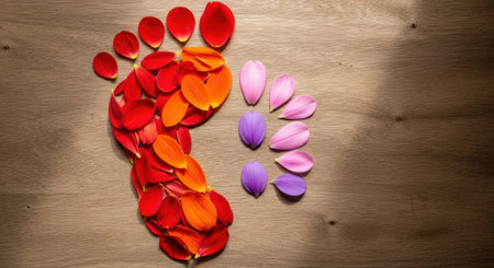 A human footprint shape created from vibrant red and orange flower petals on a wooden background, with scattered pink and purple petals nearby. Represents nature and wellness.の素材