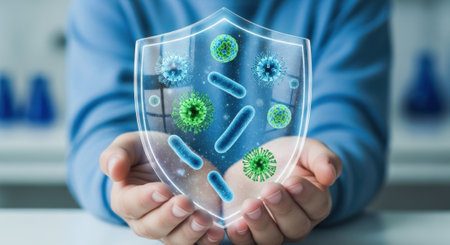 Close up of hands holding a glowing transparent shield protecting against various viruses and bacteria. Concept of immunity, health, and disease prevention.の素材