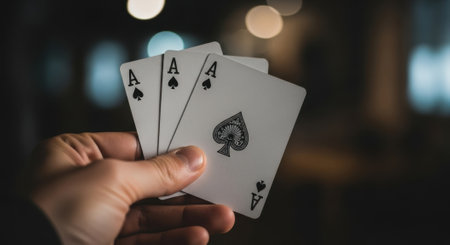 A person hand holds three white playing cards, prominently displaying three aces, including the ace of spades, against a dark, blurred background with bokeh lights.の素材
