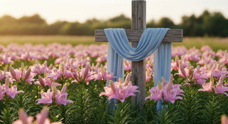 A wooden cross draped with a light blue cloth stands prominently in a vibrant field of pink lilies under a warm, golden sunset sky. This serene scene symbolizes faith, hope, and resurrection.の素材