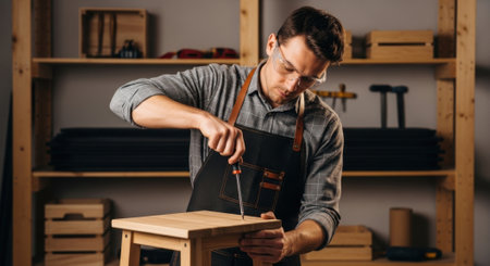 Man in safety glasses and apron assembling a wooden stool with a screwdriver in a workshop. Focus on craftsmanship, DIY furniture, and home improvement.の素材