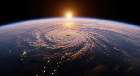 A powerful hurricane swirls over Earth surface as seen from space, with the sun rising or setting on the horizon, illuminating the vast cloud formation and visible city lights below.の素材