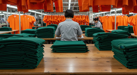 A worker is seen from behind, surrounded by large stacks of folded green fabric on wooden tables and racks of hanging orange uniforms in a busy garment factory.の素材