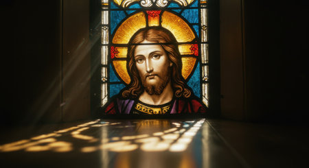 A vibrant stained glass window depicting Jesus Christ face with a halo, casting colorful light and intricate shadow patterns onto a dark surface inside a church, symbolizing faith and spirituality.の素材