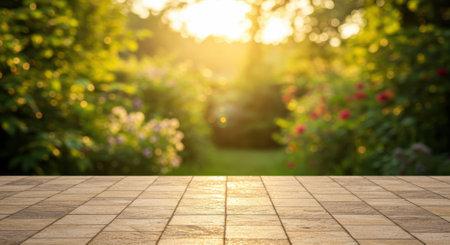 Empty tiled patio surface with warm sunlight reflecting on it, set against a blurred background of lush green garden foliage and colorful flowers. Ideal for product display or outdoor living concepts.の素材
