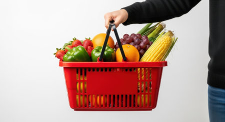 A person holds a red shopping basket filled with fresh, colorful fruits and vegetables including strawberries, oranges, grapes, green bell peppers, and corn, symbolizing healthy eating and grocery shopping.の素材