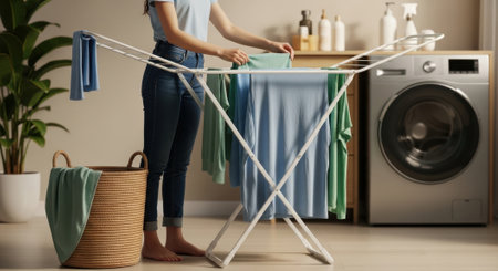 A person hangs freshly washed clothes on a white drying rack in a modern laundry room, with a wicker basket and washing machine nearby, illustrating daily household chores.の素材