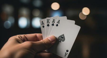 A person hand holds a winning poker hand with three aces and a king of spades against a dark, blurred background with bokeh lights.の素材