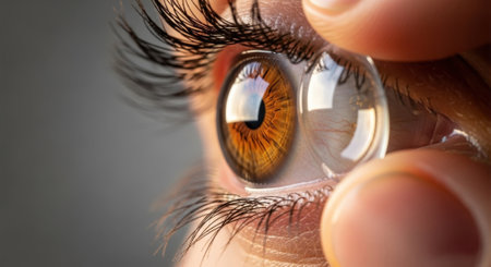 Close up of a person brown eye with long eyelashes, as fingers carefully insert a clear contact lens for vision correction.の素材