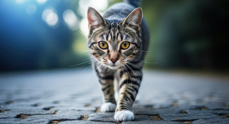 A domestic tabby cat with striped fur and yellow eyes walks directly towards the camera on a textured paved path, with a soft focus background.の素材