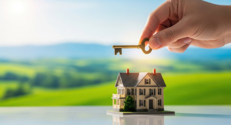 A hand holds a golden key above a miniature house model, symbolizing home ownership, real estate investment, and the dream of a new property against a vibrant green landscape.の素材