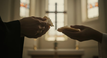 Close up of hands holding and exchanging pieces of bread during a religious ceremony inside a church. A cross is visible in the background, symbolizing Christian faith and communion.の素材