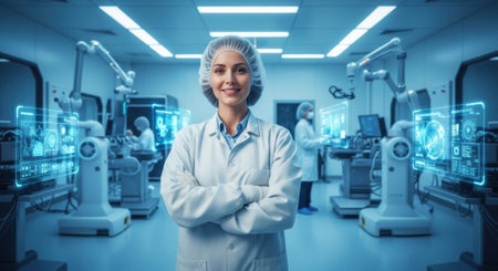 Smiling female scientist in a lab coat and hairnet stands with crossed arms in a modern, high tech laboratory. Robotic arms and glowing holographic interfaces are visible, representing innovation and scientific research.の素材