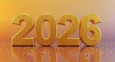Golden textured numbers 2026 covered in water droplets, standing on a reflective surface with a gradient background. Represents the upcoming new year, future, and celebration.の素材