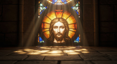 Sunlight streams through a vibrant stained glass window depicting the face of Jesus Christ, illuminating a dark stone church interior with rays and patterns of light on the floor.の素材