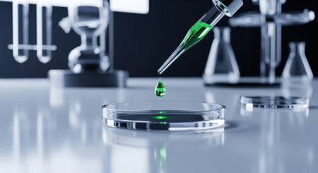 Green liquid droplet falling from a pipette into a petri dish in a modern laboratory setting with scientific glassware.の素材