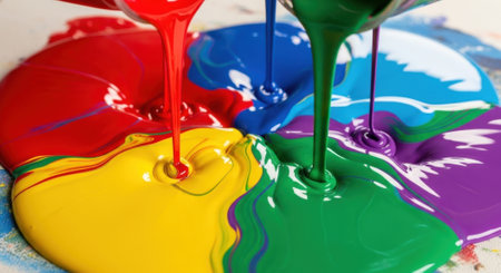 Vibrant red, yellow, blue, green, and purple paints pour and mix together, creating a dynamic and colorful liquid abstract background. The fluid colors blend and swirl on a surface.の素材